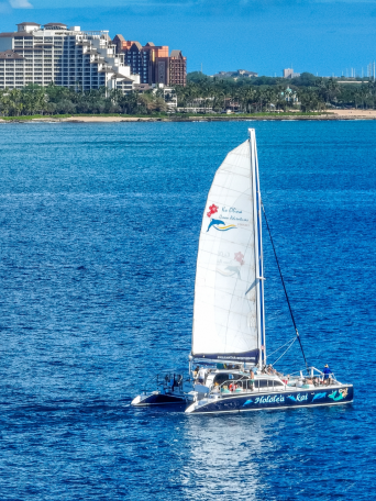 a blue and white boat floating on a body of water