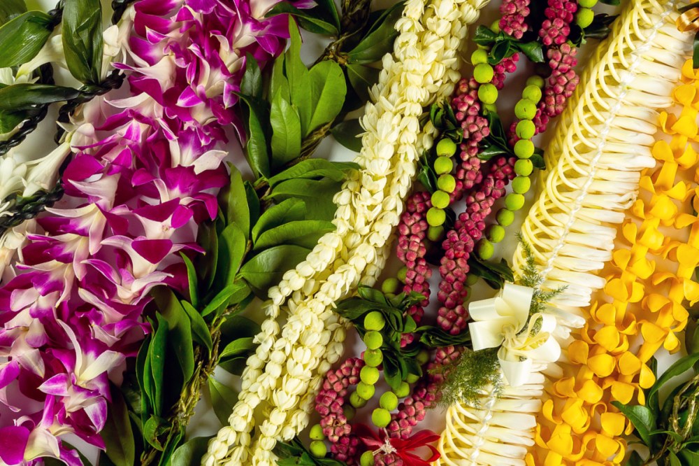 Assorted colorful flower leis arranged in parallel rows.